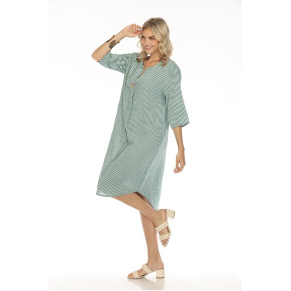Fern Green Striped Quarter Sleeves Dress - Picture 2 of 4